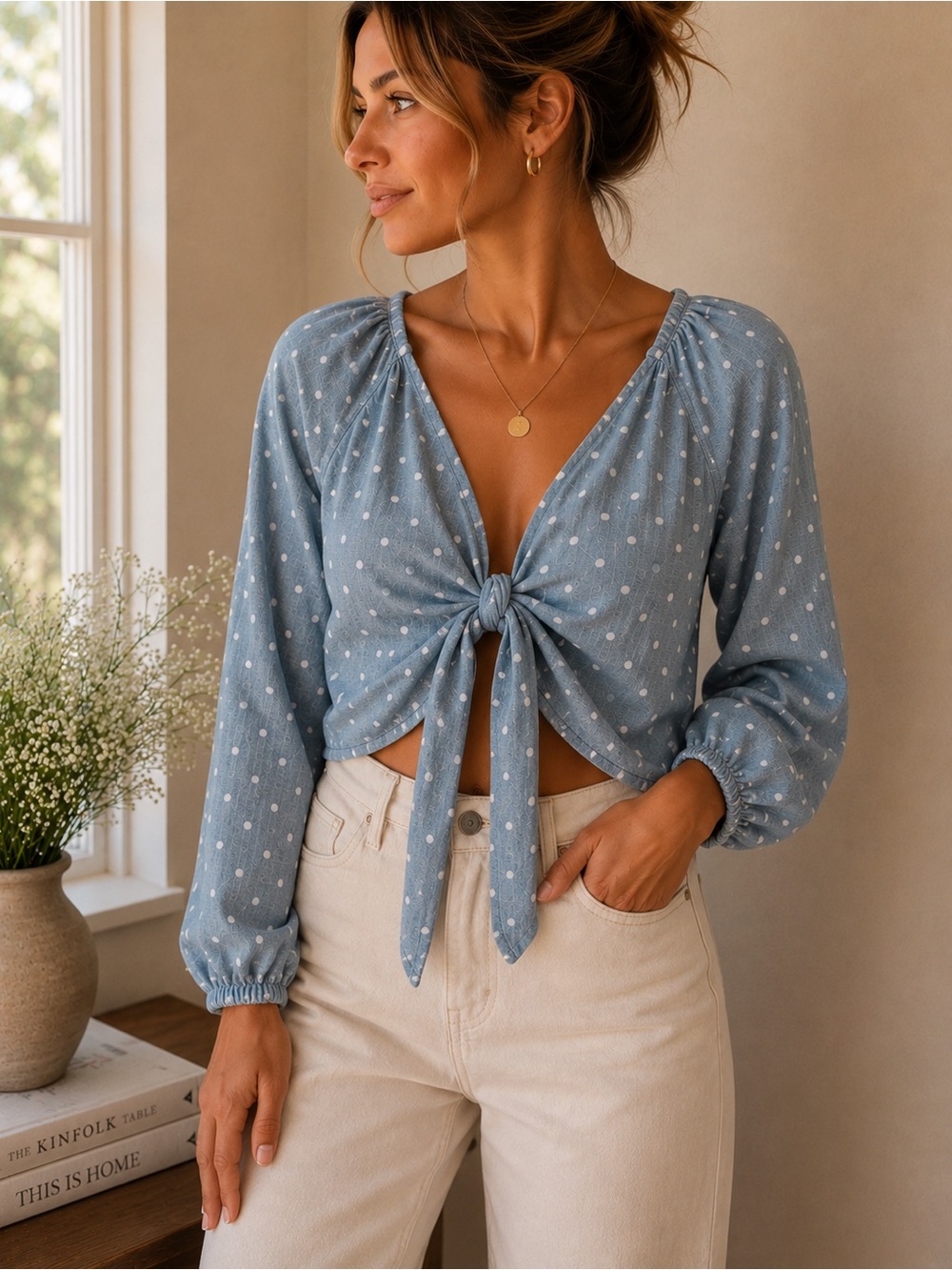 Reformation Sky Blue Polka Dot Tie-Front Crop Top